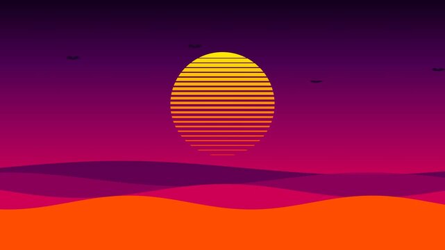 A vibrant retro synthwave sunset over stylized rolling desert sand dunes