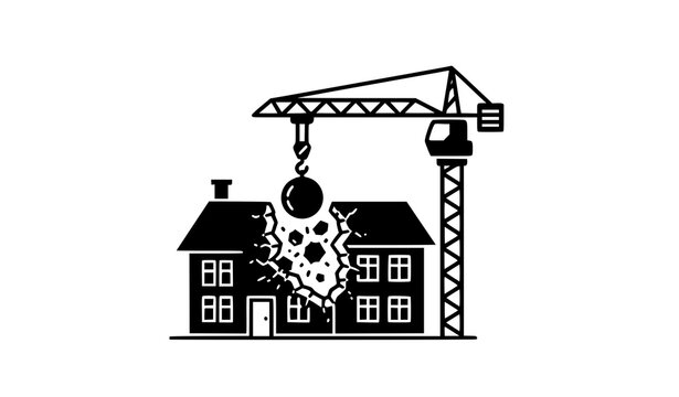 A colored vector icon of a demolition scene on a white background. Includes a red wrecking ball attached to a yellow crane, hitting a gray residential wall with cracks and debris flying. Icons are fla