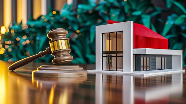 Legal real estate concept with judge gavel and modern house model representing property law