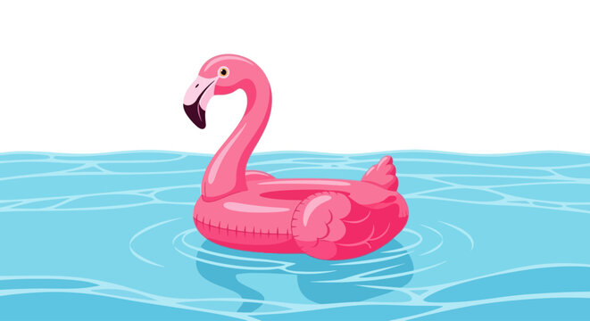 Pink Flamingo Pool Float Vector Illustration for Summer Fun in Blue Water