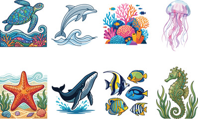 Colorful underwater marine life collection featuring stylized sea turtle dolphin coral reef jellyfish starfish whale tropical fish and seahorse illustrations © SreeRupali