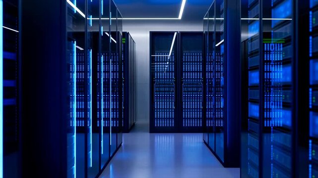 High-tech data center with illuminated server racks and modern architecture. A hub for digital storage and cloud computing solutions