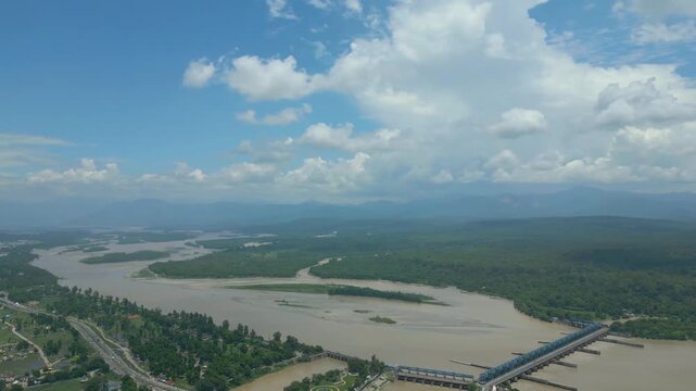 The majestic aerial view captures Haridwar's core: the sacred Har Ki Pauri ghat on the Ganges, the colossal Lord Shiva Statue, and the hilltop Mansa Devi Temple