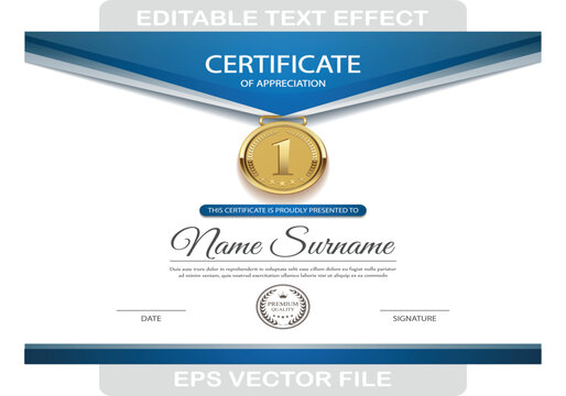Elegant certificate template combining blue and gold elements with a professional appearance. Perfect for awards, appreciation, education, and corporate recognition