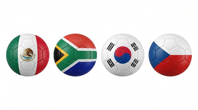 Group A Four Soccer Balls with National Flags of Mexico, South Africa, South Korea, and Czech Republic Isolated on White Background 3D Illustration