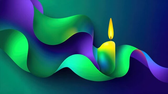 A burning candle is surrounded by vibrant, flowing ribbons of green and purple hues
