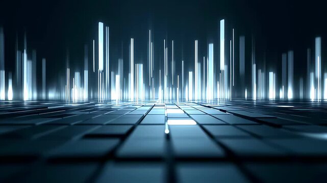 Abstract digital background featuring glowing vertical light bars on a dark geometric surface.