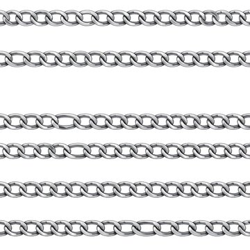 A close-up image of four parallel silver chain links on a white background