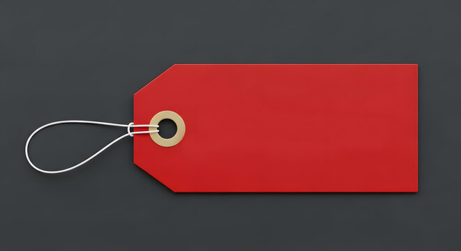 Red price tag with white string on dark background