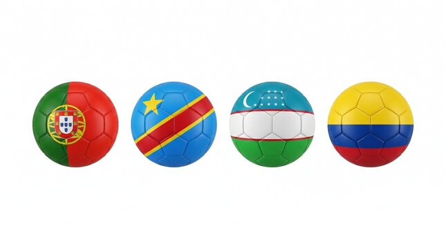 Group K Four Soccer Balls with National Flags of Portugal, DR Congo, Uzbekistan, and Colombia Isolated on White Background 3D Illustration