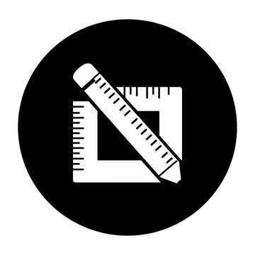 Sleek vector of white pencil resting diagonally across a transparent l-shaped square and ruler set against a black circular background