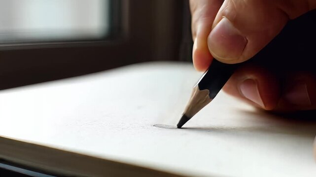 Hand drawing with pencil on paper in slow motion, symbolizing creativity and artistic expression