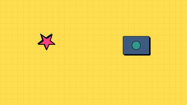 A pink star and a blue rectangle with a green circle on a yellow background