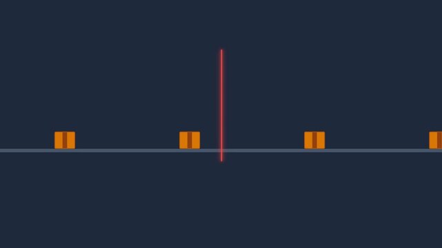 Minimalist graphic showing four orange boxes on a line with a vertical beam