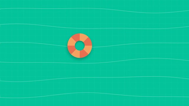A single orange and yellow lifebuoy floating on calm turquoise ocean waves