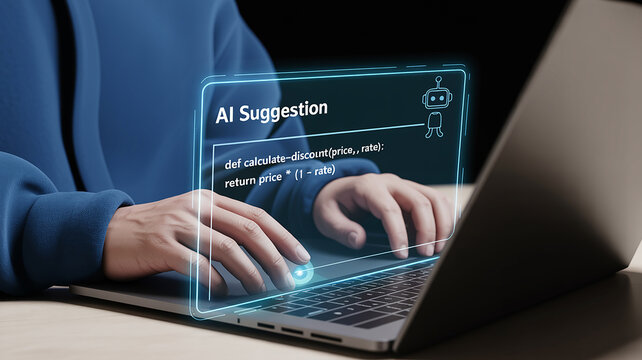 Person using laptop with AI suggestion and code snippet overlay on screen artificial intelligence