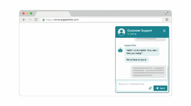Customer support chatbot interface on web browser, online help desk chat window vector, automated virtual assistant messaging service for website