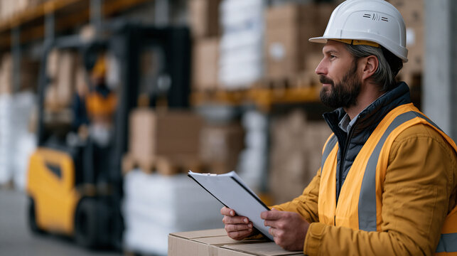 Freight terminal loading dock at crowded warehouse facility, forklift training supervisor observing apprentice operator handling heavy machinery certification practical