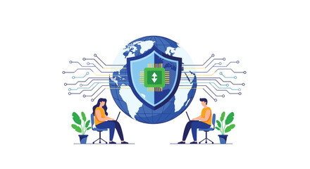 Fototapeta premium Cybersecurity experts monitoring a protected global network with a digital shield and microprocessor to prevent data breaches and attacks.