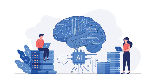 Engineers managing data server stacks and artificial intelligence processing units for advanced cloud computing and technological innovation.