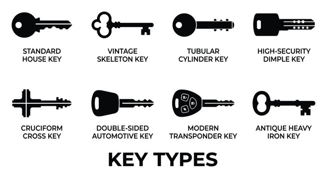 Assortment of different key types for locks and security systems on white background.