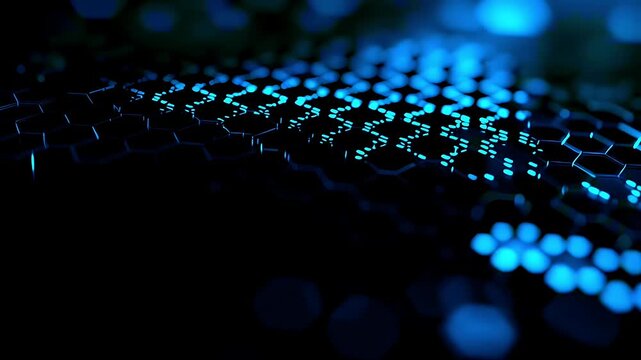 Abstract digital background with glowing blue hexagonal pattern and bokeh light effects.