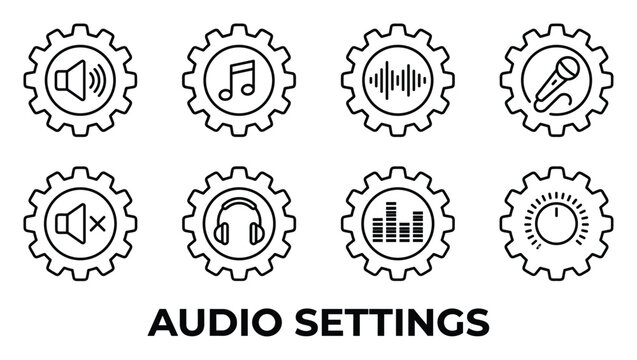 Audio settings icons with gear shapes for volume music microphone sound and control.