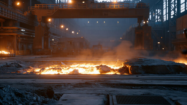 Aluminum potroom at predawn, furnace anode change crew using overhead crane to swap spent carbon anode blocks, primary smelting operations, electrolysis hall, anode changing