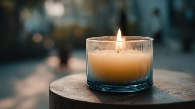 A lit candle in a glass jar sits on a weathered circular surface. Background is blurred