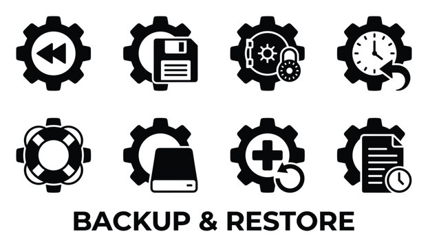 Backup and restore icons gear set for save data floppy disk hard drive clock security vault lifebuoy.