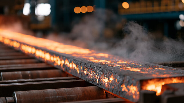 Steel billet continuous casting machine strand guide rollers with glowing solidifying metal emerging, mist cooling spray active, steelworks secondary metallurgy, continuous caster