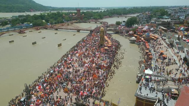 The majestic aerial view captures Haridwar's core: the sacred Har Ki Pauri ghat on the Ganges, the colossal Lord Shiva Statue, and the hilltop Mansa Devi Temple