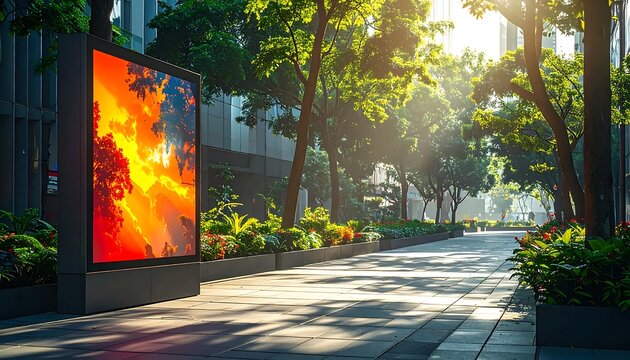 Sunlit Urban Sidewalk with Digital Billboard Among Lush Trees