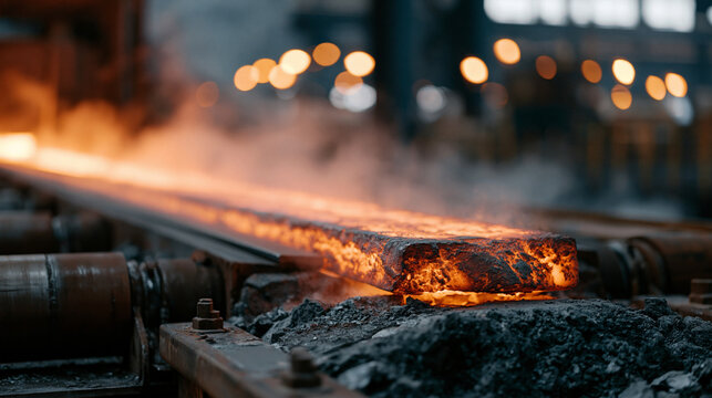 Steel billet continuous casting machine strand guide rollers with glowing solidifying metal emerging, mist cooling spray active, steelworks secondary metallurgy, continuous caster