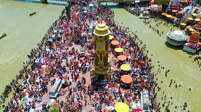 The majestic aerial view captures Haridwar's core: the sacred Har Ki Pauri ghat on the Ganges, the colossal Lord Shiva Statue, and the hilltop Mansa Devi Temple