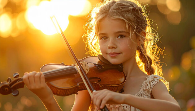 Young Girl Playing Violin in Golden Light