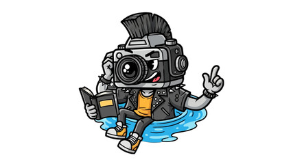 Fototapeta premium Playful cartoon camera character reading a book happily.