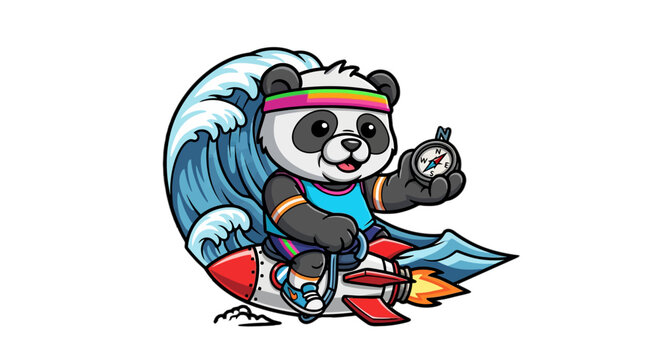 Playful Surfing Panda Riding Colorful Wave Board Artwork.