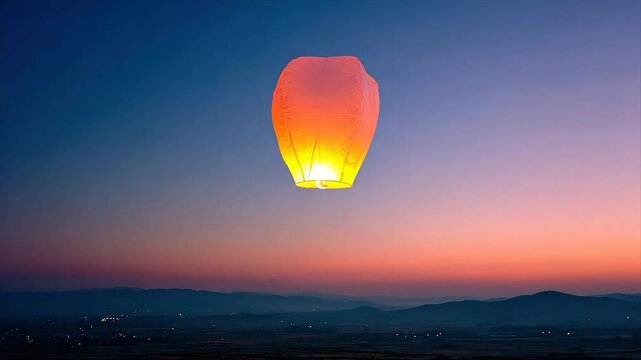 A glowing sky lantern soars against a sunset with silhouettes of mountains