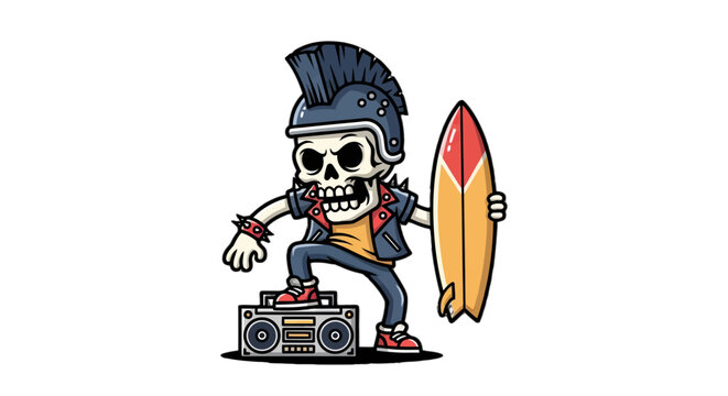 Cool skeleton character holding surfboard and boombox.