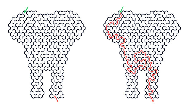 Elephant shaped maze puzzle in vector line style in black and white representing a logic game for kids [with copy space]
