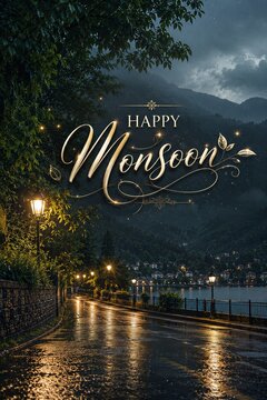 Happy Monsoon Poster with Rainy Evening Road, Glowing Street Lights and Cinematic Atmosphere