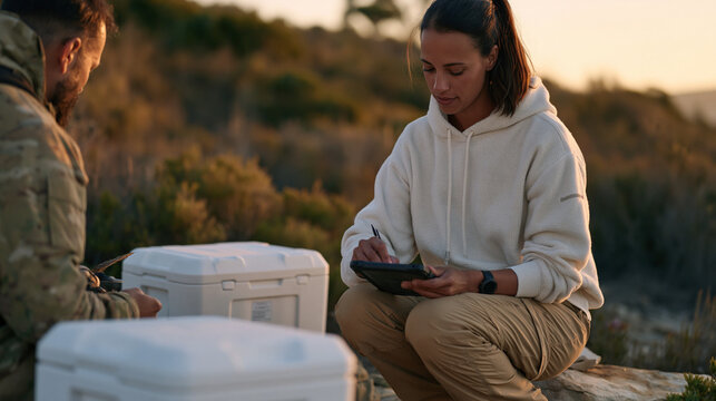 Field epidemiologist in rural terrain drawing blood from a wild bird during zoonotic disease surveillance, portable cold storage unit nearby, team member recording species data on