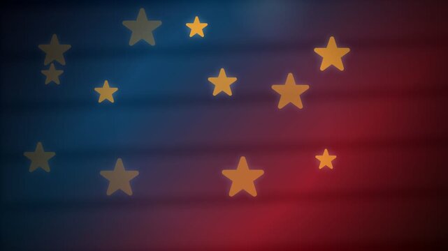 Celebratory abstract background for the 4th july, featuring shimmering gold stars over a patriotic red and blue gradient texture, evoking unity and independence