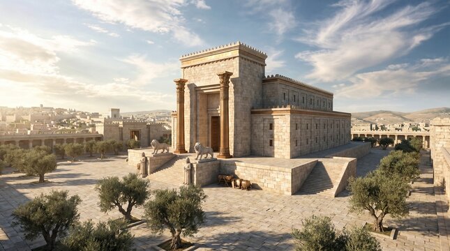 Biblical First Temple of King Solomon in ancient Jerusalem, Old Testament historical reconstruction of the majestic holy sanctuary