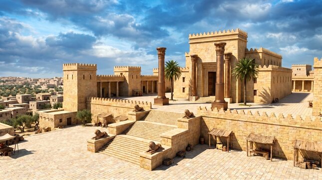 King Solomon Temple in ancient Jerusalem, biblical historical reconstruction of the holy sanctuary on Mount Moriah with bronze pillars