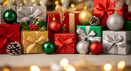 Boxing Day Festive Christmas Background with Wrapped Presents, Decorative Holiday Baubles, Elegant Ribbon, Winter Ornament, and Minimalist Seasonal Decor