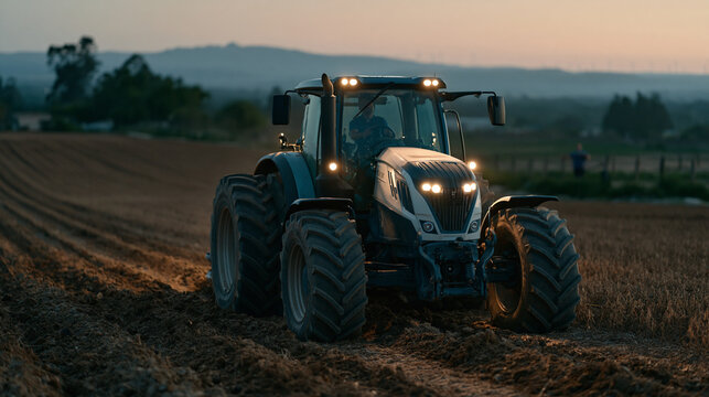 Autonomous tractor operation at twilight blue hour, the driverless machine executing precise planting rows across a flat soybean field, navigation lights blinking softly while GPS