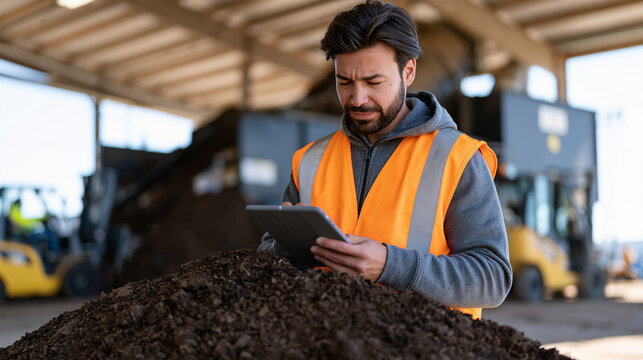 Industrial composting automation facility at operational scale, a rotating drum composter churning organic waste under a corrugated roof as a waste management technician checks