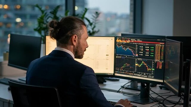 Stock Trader Analyzing Multiple Monitor Charts From Behind &mdash; Cinematic Orbit Shot of Financial Expert at Trading Desk